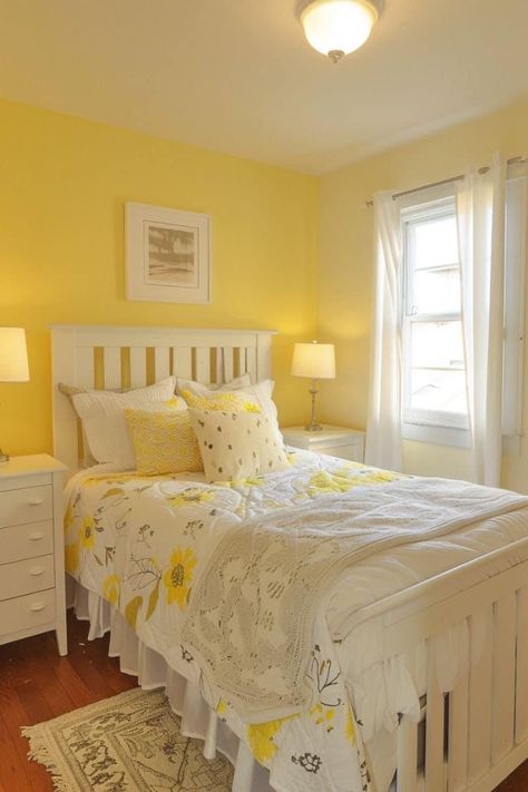 Light Yellow Walls, Yellow Bedroom Walls, Peach Bedroom, Paint Themes, Yellow Room, Yellow Trim, Rose Decor, Yellow Walls, Golden Rose