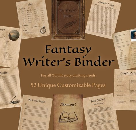 The Fantasy Writer's Binder Writing Binder Template | 52 page digital Ebook | Letter size 8.5" x 11" Create the perfect writing binder with all your story drafting needs! This is the ideal customizable template for creating and drafting YOUR story!  This standard letter size template is designed to help guide any writer, as a beginner or an established author, through their story crafting process using full proof methods backed by science.  This template is the Ultimate Writer's Binder! It is co World Building Template, 3 Act Structure, Fantasy Writing Tips, Chapter Outline, Writing Binder, Binder Templates, Writing Template, Fantasy Writer, Writer Tips