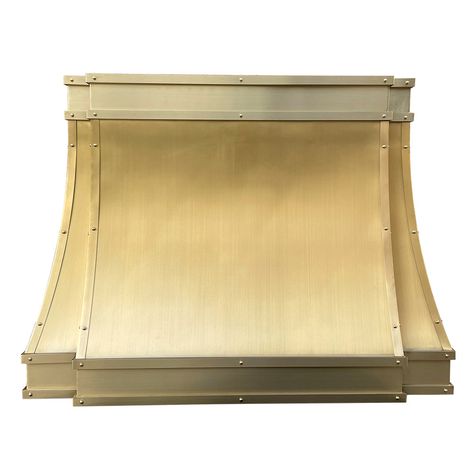 custom brushed brass range hoods Brass Vent Hood, Range Niche, Brass Hood, Brass Stove Hood, Range Hoods Ideas, Hammered Range Hood, Gold Range Hood, Range Hood With Brass Rail, Custom Range Hoods Brass