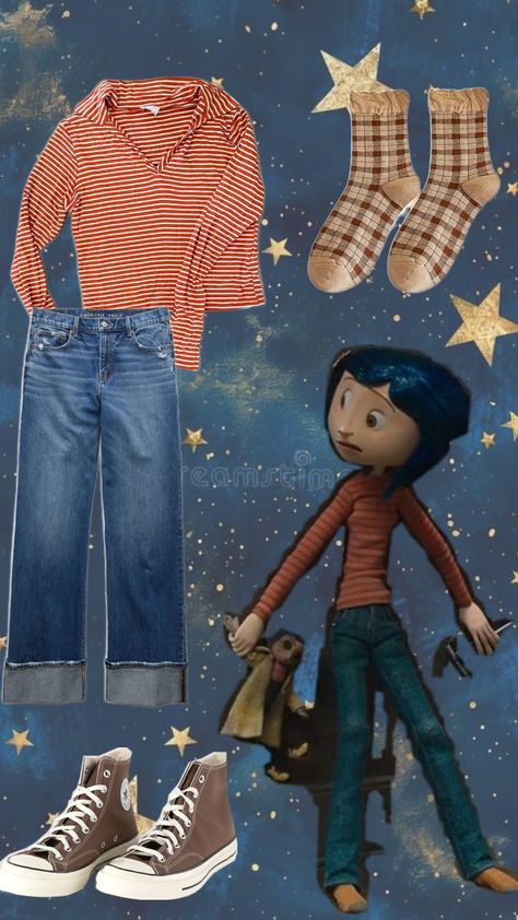 Coraline Outfit 4 #coraline #fitinspo Coraline Outfit, Tim Burton Party, Coraline Costume, Theatre Outfit, Coraline Movie, Coraline Aesthetic, Coraline Jones, Shell Crafts Diy, Easy Halloween Costumes