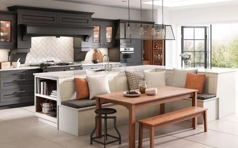 Kitchen Island With Bench Seating, Kitchen Island Shapes, Kitchen Island Dining Table, Open Plan Kitchen Dining Living, Island Table, Open Plan Kitchen Dining, Open Plan Kitchen Living Room, Kitchen Seating, Kitchen Island Table