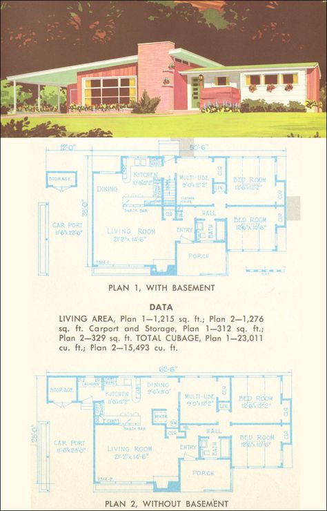 50s Style House Exterior, 1950s Houses, Mid Century House Plans, 50s House, Oasis Springs, Mid Century Modern House Plans, Porch Plans, Modern Floor Plans, Mcm House