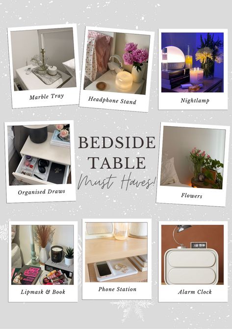 Calling all aesthetic mavens! Elevate your bedside style with must-have essentials – from dreamy lamps to favorite reads and skincare treasures. Create a cozy haven with these bedside table essentials. ✨ #BedsideEssentials #AestheticVibes #CozyCorner What To Keep In Nightstand, Bed Side Table Ideas Aesthetic, Aesthetic Bedside Table Decor, Bedside Table Crystals, Bedside Table Statue, Messy Bedside Table Aesthetic, Bedside Table Small Space, Coquette Bedside Tables, All Aesthetic