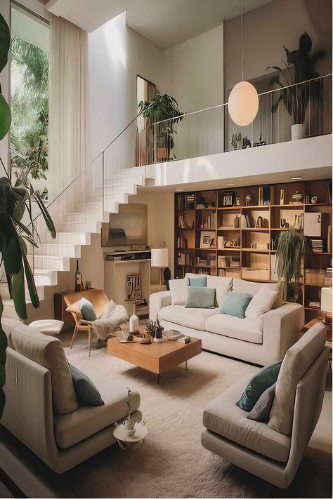 Stairs In Open Plan Living, Landing Overlooking Living Room, Multi Level Living Room Layout, Balcony Over Living Room, Village House Design Interiors, Living Room With Open Staircase, Stairs In The Living Room, Living Room With Multiple Entrances, Living Room Loft Ideas