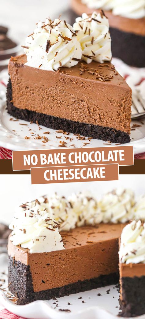 This No Bake Chocolate Cheesecake recipe is easy to make and requires no oven! It’s rich, creamy and full of chocolate flavor with melted chocolate, cocoa powder and a crunchy chocolate cookie crust! The perfect quick and easy dessert that’s sure to impress! Easy Cheesecake Deserts, Best Easy Chocolate Desserts, Easy Delicious Chocolate Desserts, Dessert For Chocolate Lovers, Mo Bake Cheesecake, Recipes With Baking Chocolate, Chocolate Cream Cheesecake, Double Chocolate Cheesecake Recipe, Super Chocolate Desserts