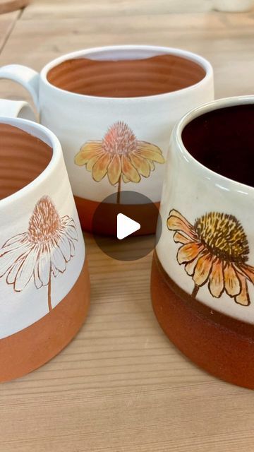 Wendy Calder - Bristol potter on Instagram: "All of my sgraffito flowers are hand painted with underglazes on bisc ware. 
The transparent glaze added afterwards certainly makes them come to life 🌼

#underglazedecoration #sgraffitoceramics #madeinbristol #bristolpotter #mugshotmonday #handmademugsarethebest #echinaceas" Sgraffito Flowers, Underglaze Painting, Sgraffito, Mug Shots, Bristol, Glaze, Hand Painted, Ceramics, Flowers