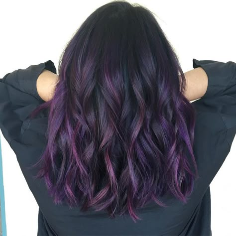 Purple Balayage, Underlights Hair, Purple Ombre Hair, Dark Purple Hair, Brown Ombre Hair, Linda Hallberg, Violet Hair, Purple Highlights, Hair Color Purple