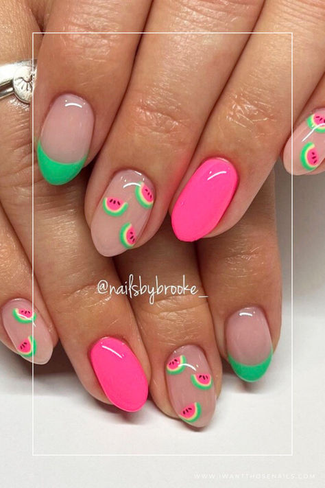 Watermelon Nail Designs, Watermelon Nail, Fruit Nail Art, Summer Gel Nails, Watermelon Nails, Simple Gel Nails, Summery Nails, Cute Gel Nails, Bright Nails