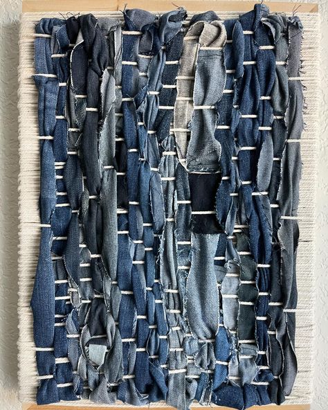 Recycled Denim Jeans Woven Tile Wall Hanging 👖✂️♻️ . . . #jeans #recycledart #recycle #wovenwallhanging #wallart #madewelljeans #levi #gap #madewell #denim #fiberart #modernart #art #artcurator Gallery Art Wall, Textiles Sketchbook, Woven Wall Decor, Denim Crafts Diy, Weaving Wall Hanging, Weaving Kit, Denim Art, Advent Calendars For Kids, Fabric Wall Art