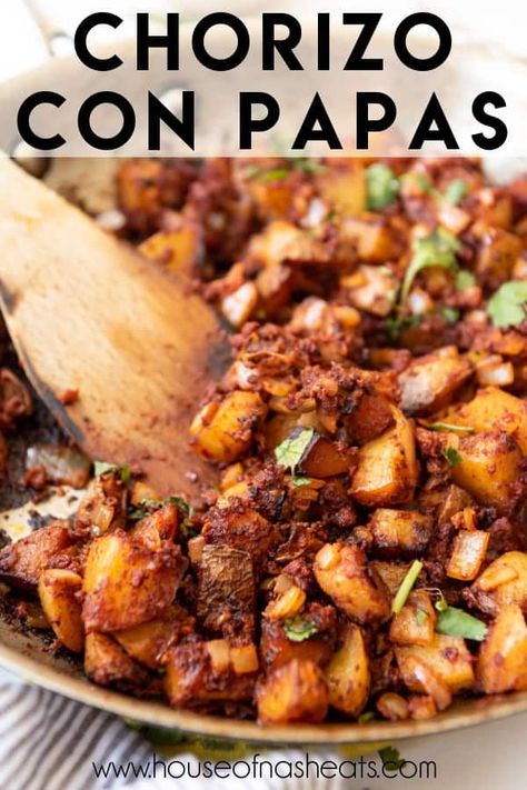 Chorizo con Papas is a classic Mexican dish that combines soft, seasoned potatoes with spicy chorizo sausage for a filling breakfast! | mexican breakfast recipes chorizo | mexican breakfast recipes authentic | mexican breakfast recipes easy | chorizo con papas recipes | papas con chorizo recipe Chorizo Y Papas Tacos, Colombian Chorizo Recipes, Chorizo Hash Recipe, Chorizo And Papas, Chorizo Breakfast Scramble, Potatoes And Chorizo Recipes, Ground Pork Chorizo Recipes, Blackstone Chorizo Recipes, Chorizo And Potatoes Tacos