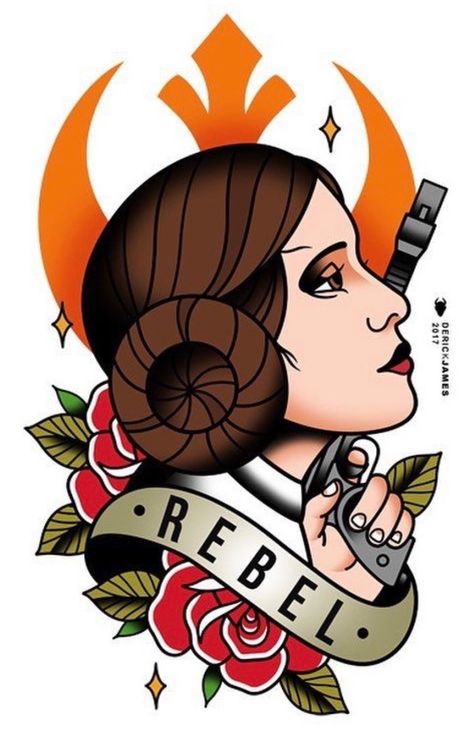 Princess Leia Tattoo Flash by Derick James Old School Star Wars Tattoo, American Traditional Star Wars Tattoo, Leia Tattoo, Princess Leia Tattoo, Princess Leia Art, Star Wars Tattoo Sleeve, Star Wars Leia, Tattoo Thoughts, Flash Ideas