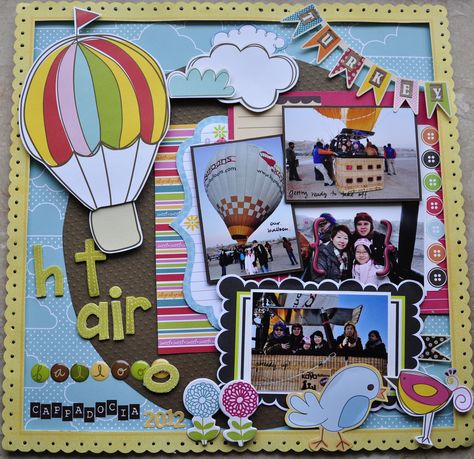 hot air balloon in  Cappadocia - Scrapbook.com Summer Crafts, Banner Pics, Floral Doodles, Vacation Scrapbook, Floral Doodle, Christmas Ornament Crafts, Scrapbook Inspiration, Scrapbook Crafts, Page Layout