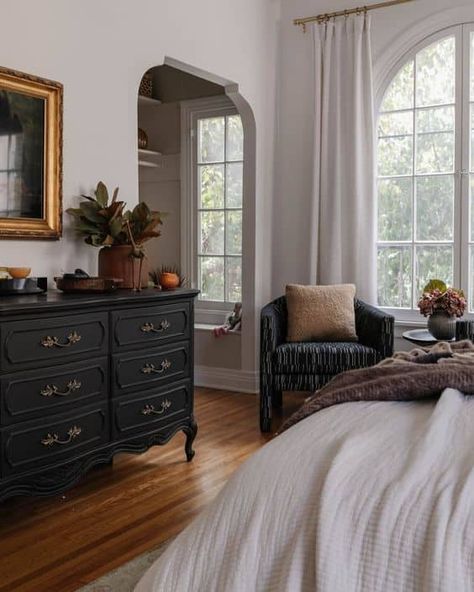 Earth Aesthetic Home, French Country Bedroom With Dark Furniture, Gray Walls Black Furniture Bedroom, Colorful Dressers Bedroom, Earth Color Decor, Terracotta Teal Bedroom, Colorful Dresser Bedroom, Long Primary Bedroom Layout, Coastal French Country Bedroom