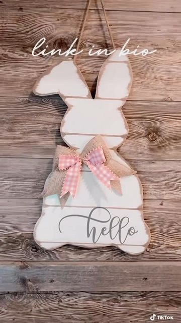 Wooden Bunny Door Hanger, Wood Bunny Door Hanger, Easter Door Hangers Wooden, Easter Door Hangers, Spring Door Hangers, Easter Crafts Dollar Store, Valentines Door, Wood Bunny, Door Decoration Ideas