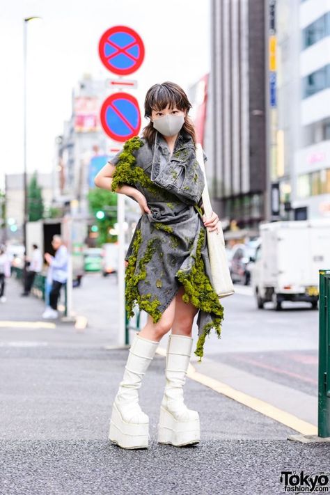 Japanese Fashion Designer in Handmade Moss-Covered Denim Dress & Tall Boots on the Street in Harajuku – Tokyo Fashion Street Fashion, Tokyo Fashion, Fashion Designer Student, Demonia Platforms, Moss Dress, Japanese Fashion Designers, Minimalist Bag, Platform Boots, Japanese Fashion