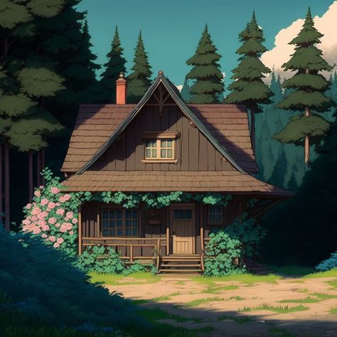 Animated House Drawing, Cottage In Forest Drawing, Cute Cabin Drawing, Ghibli Style House, Forest Home Illustration, Studio Ghibli Cottage, House In Forest Illustration, Cabin Pixel Art, Forest Cabin Painting