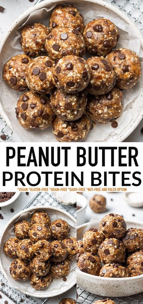 These Peanut Butter Protein Balls are made with healthy dates, creamy peanut butter, dairy-free chocolate chips and make the perfect grab-and-go breakfast or pre or post-workout snack! These chocolate cip energy balls are packed with flavor, protein, and take just 10 minutes to whip up! Gluten-free, grain-free, vegan and freezer-friendly and easily paleo-friendly. Paleo Protein Balls, Paleo Energy Balls, Peanut Butter Protein Balls, Peanut Butter Energy Balls, Energy Balls Healthy, Dairy Free Protein, Healthy Snacks To Make, Energy Ball Recipe, Dairy Free Chocolate Chips