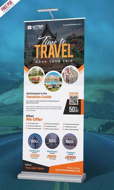 Free Tour Travel Roll-Up Banner PSD will help you to promote tour operators, travel agents, tour packages, vacations, hiking and camping, mountain cycling etc. Pull Up Banner Design, Rollup Design, Standing Banner Design, Expo Display, Rollup Banner Design, Roll Banner, Standee Design, Roll Up Design, Rollup Banner