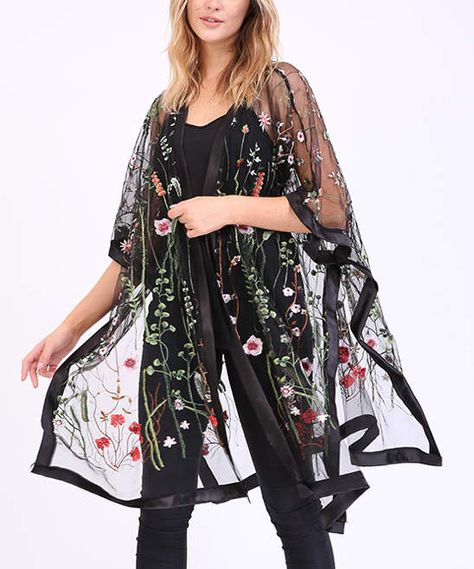 Black Floral Embroidered Sheer Kimono - Women & Plus #affiliate Couture, Outer Tulle, Dress Over Pants, Flower Kimono, Kimono Outfit, Embroidered Kimono, Sheer Kimono, Caftan Dress, Causual Outfits