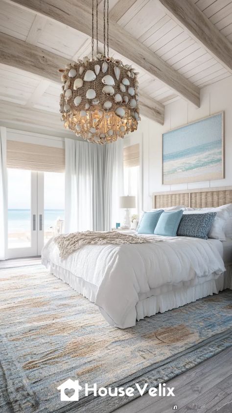 Seashell Chandelier Updated Modern Beach House Interior, Seashell Chandelier, Coastal Bedroom Ideas, Marine Life Art, Beach House Lighting, White Washed Furniture, Pebble Floor, Ocean Home, Ocean Home Decor