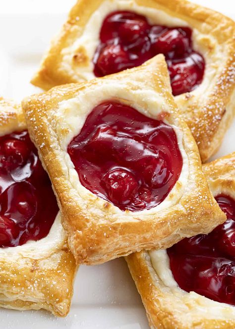 Cherry Cream Cheese Danish - i am baker Cherry Cream Cheese Danish, Cherry Danish Recipe, Cherry Danish, Puff Pastry Recipes Dessert, Cherry Cream Cheese, Pastries Recipes Dessert, Danish Recipe, Puff Pastry Desserts, Cream Cheese Danish