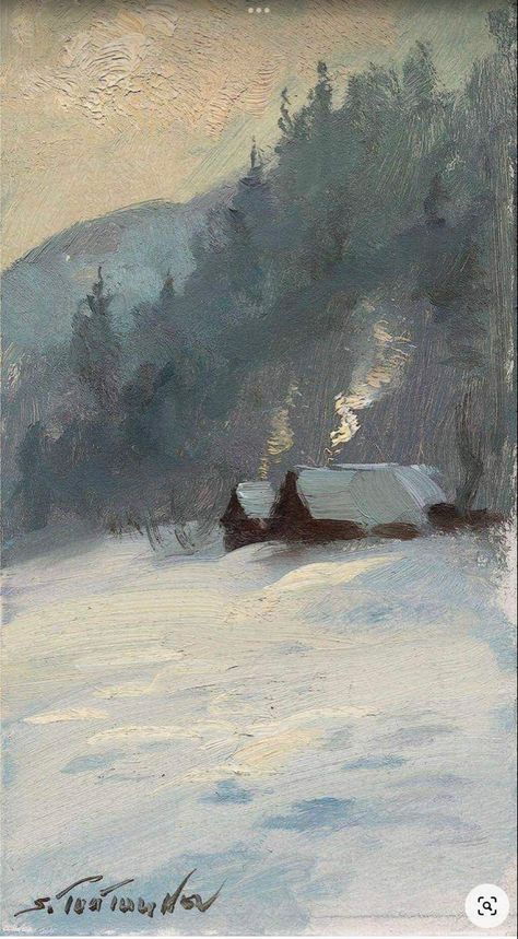 Peaceful snow, snug cabins Winter Painting Oil, Classic Christmas Paintings, Snowy Day Painting, Snowy Scenes Landscapes, Snowy House Painting, Snowy Hills Painting, Snowy Scene Painting, Abstract Winter Landscape, Winter Oil Paintings Landscapes