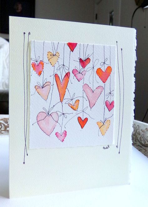 Hearts On Strings  Watercolor Original Card  "Big Card" 5x7 With Matching Envelope  betrueoriginals Watercolor Cards Ideas, Valentines Watercolor, Arte Doodle, Watercolor Leaf, Watercolor Hearts, Watercolor Birthday, Watercolor Card, Watercolor Greeting Cards, Paint Cards