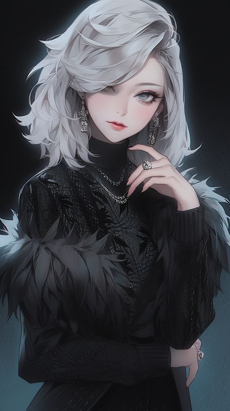 White Haired Woman Anime, Anime Woman In Black Dress, Female White Hair Art, Silver Haired Anime Woman, Anime Woman With White Hair, White Hair Woman Art, White Hair Female Character, Anime Female White Hair, White Hair Female Character Art