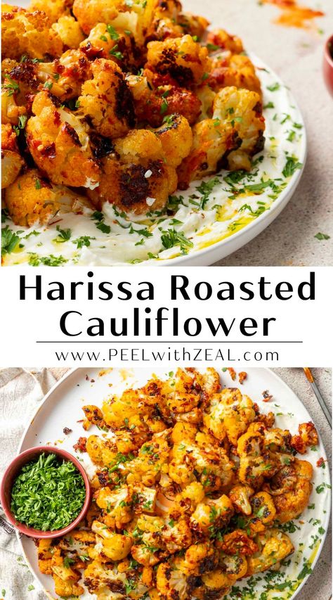 Enjoy every spicy bite of this roasted cauliflower topped with whipped feta cheese. It's an easy, light side dish that's ready in 30 minutes! Whipped Feta Cheese, Harissa Cauliflower, Easy Roasted Cauliflower, Yogurt Dill Sauce, Light Side Dishes, Roasted Rainbow Carrots, Harissa Recipes, Cherry Tomato Salad, Spicy Cauliflower