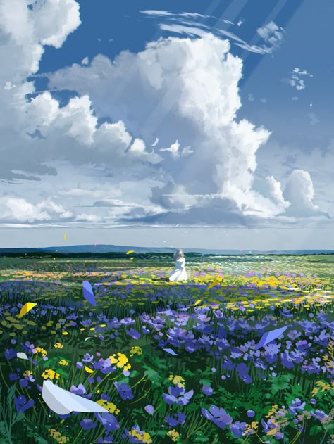 Flower Field Illustration Art, Field Of Flowers Digital Art, Anime Field Of Flowers, Flower Field Anime Background, Landscape With Flowers Drawing, Fantasy Flower Landscape, Sitting In Flower Field Reference, Drawing Field Of Flowers, Flower Field Concept Art