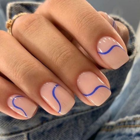 Blue swirl accent on short nude nails Walking Art, January Nails, Short Gel Nails, Nude Nail, Nude Nail Designs, Easy Nails, Short Square Nails, Simple Gel Nails, Minimal Nails