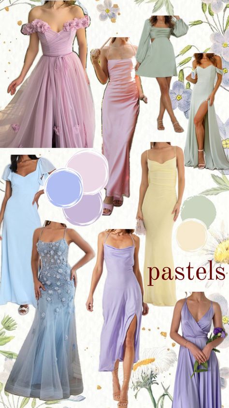 Pastel Dress Formal, Colorful Pastel Wedding, Pastel Dress Outfit, Pastel Wedding Guest, October Wedding Guest Outfits, 18th Birthday Party Outfit, Pastel Color Dress, Wedding Themes Spring, Wedding Party Outfits