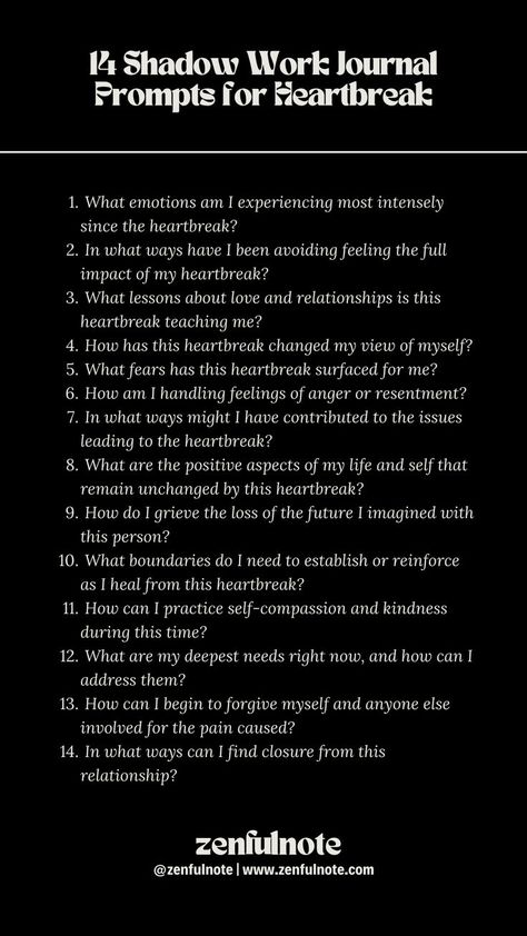 Shadow work focusing on heartbreak involves delving into the pain, loss, and lessons stemming from the end of relationships, allowing for healing and growth. Navigating heartbreak requires time, patience, and self-care. As you engage with these questions, remember to treat yourself with kindness. Shadow Work To Get Over Someone, Unrequited Love Journal Prompts, Healing From A Break Up Journal Prompts, Breakup Journaling Prompts, Journal Prompts For Abandonment, Breakup Shadow Work Prompts, Shadow Work For Breakups, Shadow Work For Heartbreak, Shadow Work Heartbreak