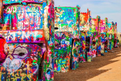 Cadillac Ranch Texas, Route 66 Attractions, Neon Cactus, Cadillac Ranch, Route 66 Road Trip, Texas Vacations, Texas Roadtrip, Amarillo Texas, Hippie Movement