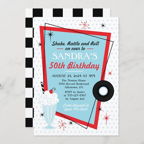 1950s Sock Hop Birthday Party Invitation - 1950s invitations 1950s Party Invitations, Diner Birthday Party, 1950s Sock Hop, 50s Birthday, Green Graduation Party, 50s Theme, 50s Theme Parties, Sock Hop Party, 1950s Diner