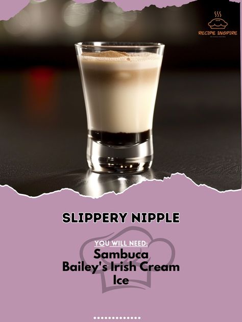 🥃 Indulge in the sweet and smooth Slippery Nipple shot! #ShotTime #SmoothSips Slippery Nipple Ingredients: Sambuca (1 oz) Bailey's Irish Cream (1/2 oz) Ice (optional, for chilling) Instructions: Pour sambuca into a shot glass. Carefully layer Bailey's Irish Cream on top using a bar spoon. Enjoy this creamy shot with friends! 🥃✨ #SlipperyNipple #SweetShot #Cheers Extravagant Cocktails, Shot With Friends, Bar Spoon, Boozy Drinks, Baileys Irish Cream, Fruit Drinks, Irish Cream, Chocolate Factory, A Bar