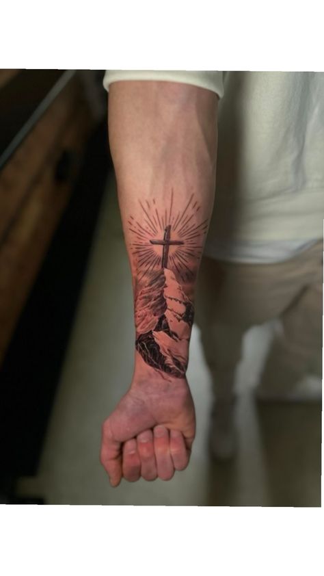 Jesus Forearm Tattoo, Christian Tattoos Men, Half Arm Sleeve Tattoo, Meaningful Tattoos For Men, Tattoo Ideas Males, Tattoo Quotes For Men, Biblical Tattoos, Bible Tattoos, Simple Tattoos For Guys