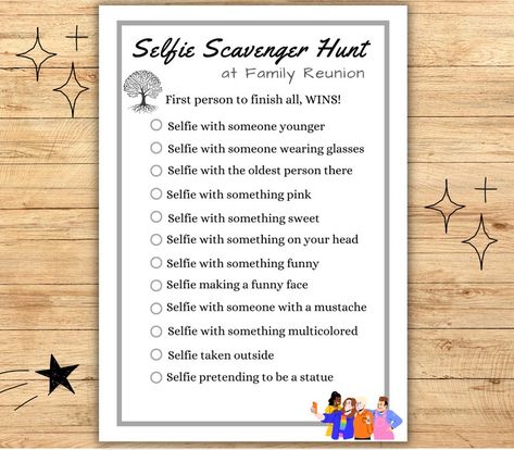 Family Gathering Activity, Selfie Scavenger Hunt, Family Reunion Game, Family Reunion Party Game, Family Gathering Fun, Icebreaker Game - Etsy Family Reunion Ideas Organizing, Selfie Scavenger Hunt, Reunion Party, Photo Scavenger Hunt, Reunion Games, Funny Selfies, Family Reunion Games, Family Reunion Planning, Ice Breaker Games