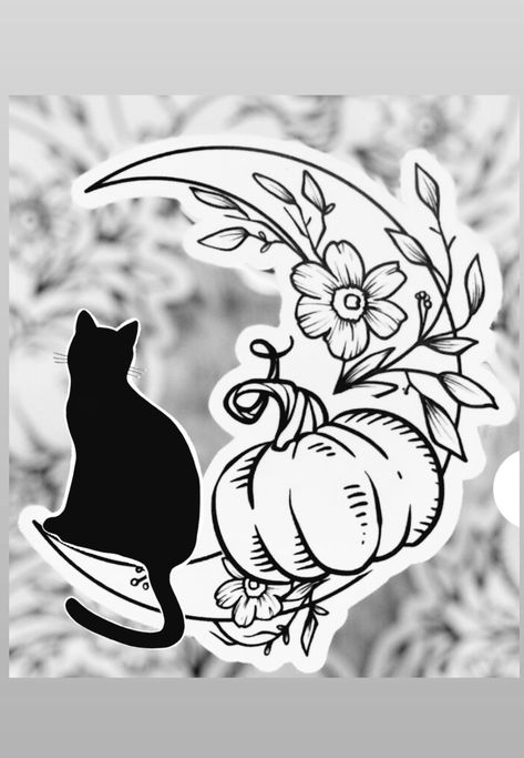 Halloween Tattoo Black Cat, Fall Witch Tattoo, Black Cat Pumpkin Tattoo, Fall Related Tattoos, Pumpkin Moon Tattoo, Pumpkin And Cat Tattoo, Cat Pumpkin Tattoo, Pumpkin Cat Tattoo, Pumpkin Tattoos For Women