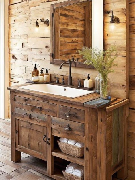 35 Farmhouse Bathroom Vanity Ideas for 2023 Farm Style Bathroom Sink, Basement Bathroom Vanity, Master Bath Remodel Rustic, Ideas For Bathroom Vanities, Rustic Farmhouse Bathroom Vanity, Wood Vanity Bathroom Ideas, Rustic Bathrooms Ideas Farmhouse, Cabin Bathroom Vanity, Rustic Bathroom Cabinets