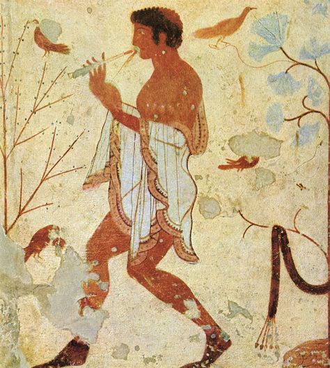 Flutist, dancing among the birds. 5th century BCE. Tarquinia, Tomb of the Triclinium. Minoan Art, D H Lawrence, Ancient Paintings, Ancient Greek Architecture, Roman Art, Art Antique, Greek Art, Mural Painting, Ancient Rome