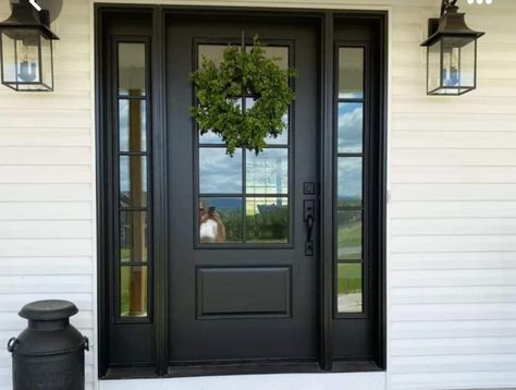 Black Farmhouse Front Door, Black Farmhouse Door, Black Exterior Doors, Black Farmhouse, Farmhouse Front Door, Farmhouse Doors, Front Doors With Windows, Wood Front Doors, Black Windows