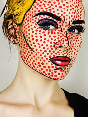 comic-book-pop-art-halloween-makeup Crazy Halloween Makeup, Comic Book Makeup, Comic Makeup, Carnaval Make-up, Pop Art Costume, Karneval Diy, Costumes Faciles, Unique Halloween Makeup, Maquillage Halloween Simple