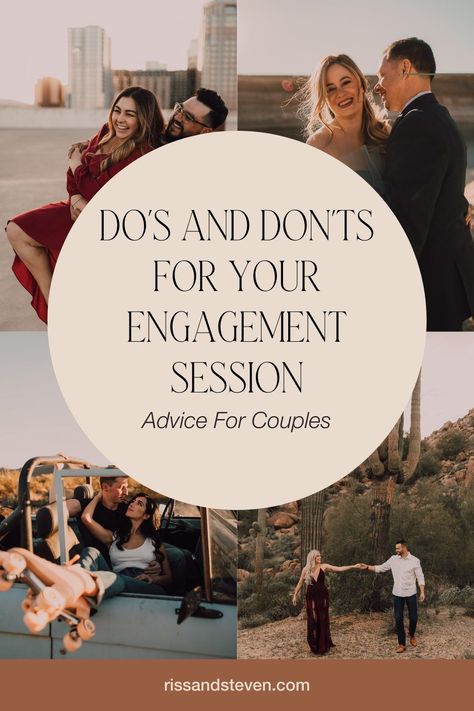 If you have an engagement session or couples session coming up, here are a few planning tips to make sure you're getting the most out of your photos! Head to the blog to read more about how to prepare for your engagement session - what to do and what not to do. From an Arizona wedding photographer! How To Plan An Engagement, Engagement Photos Dos And Donts, Taking Your Own Engagement Photos, Engagement Photo Tips, Spring Engagement Photos Outfits Plus Size, Trendy Engagement Photos, What To Wear For Engagement Pictures, Engagement Photo List, Engagement Shoot Makeup