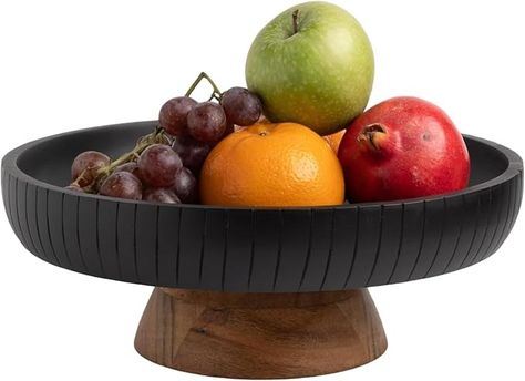 Amazon.com | LAVAUK Mango Wood fruit bowl, Decorative black bowl with natural finish pedestal | 12" dia | Dual tone look | Use as Centerpiece for kitchen counter or dining table (Black): Centerpiece Bowls Tureen Centerpiece, Round Dining Table Decor, Wood Fruit Bowl, Buffet Plates, Wood Fruit, Ceramic Mixing Bowls, Wooden Fruit Bowl, Wooden Salad Bowl, Dining Room Table Centerpieces