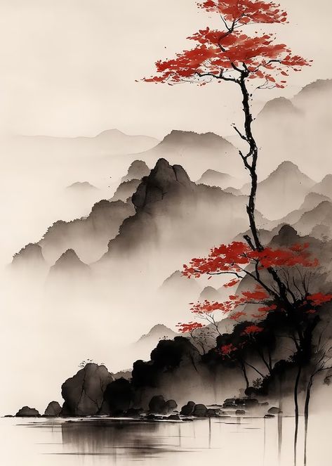 Japan Landscape Art, Asian Mountain Art, Traditional Japanese Landscape Art, Japanese Village Drawing, Ancient Asian Art, Japan Landscape Painting, Japanese Painting Traditional, Watercolor Japanese Art, Old Chinese Art