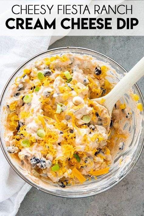 Fiesta Ranch Cream Cheese Dip is loaded with flavor from ranch, salsa, black beans, corn, and cheese!  This cold dip recipe is always a crowd pleaser! Hearty Appetizers, Fiesta Ranch Dip, Fiesta Dip, Corn And Cheese, Cold Dip, Cold Dip Recipes, Cold Dips, Easy Salsa Recipe, Black Beans Corn