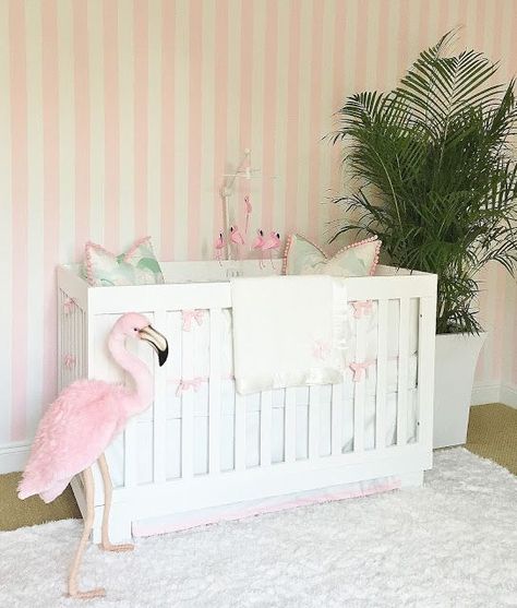 The Glam Pad: A Glamorous Pink and Green Nursery Inspired by the Beverly Hills hotel and Vintage Miami Beach Miami Cabana, Nursery Themes Jungle, Miami Nursery, Pink And Green Nursery, Flamingo Nursery Decor, Vintage Girl Nursery, Tropical Bedroom, Nursery Vintage, Pink Safari