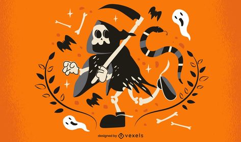 Halloween Illustration Design, Skeleton Reaper, Bat Illustration, Agriculture Logo, Halloween Elements, Skeleton Illustration, Halloween Stories, Skull Illustration, Halloween Spider Web