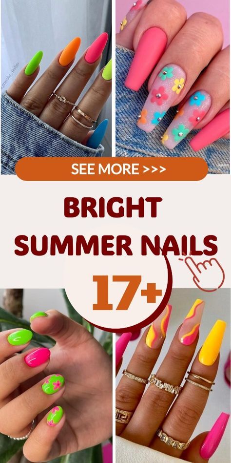 Neon Summer Nails, Firework Nail Art, Neon Orange Nails, Lime Green Nails, Bright Summer Nails Designs, Firework Nails, Pink Summer Nails, Neon Summer, Neon Nail Designs